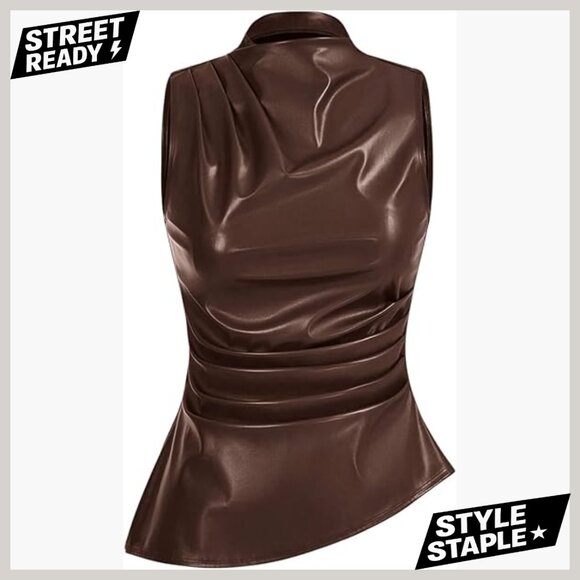 Tops - PU Leather Mock Neck Pleated Asymmetrical Sleeveless Fitted Tank Top